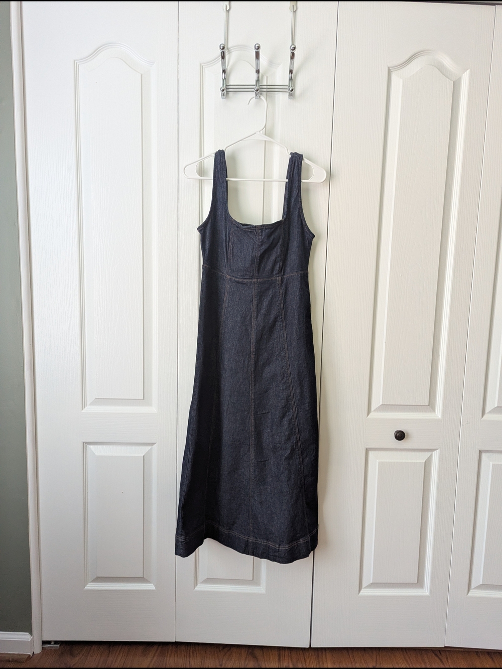 Sleeveless Dark Denim Midi Dress - Square Neck